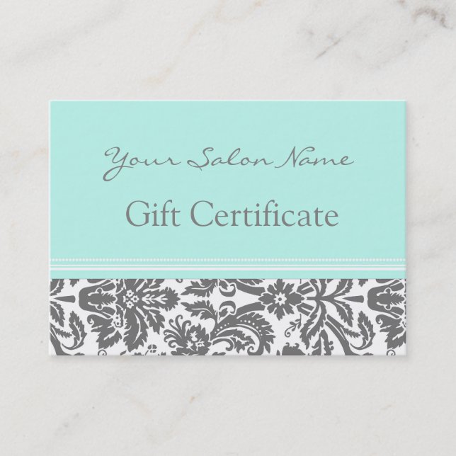 Salon Gift Certificate Aqua Grey Damask (Front)