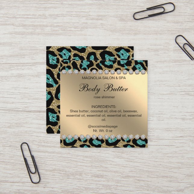 Salon Glitter Leopard Teal Square Business Card (Front/Back In Situ)