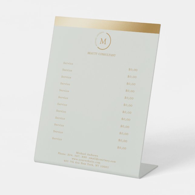 Salon Grey Green Gold Stripe Monogramm Circle Pedestal Sign (Front)