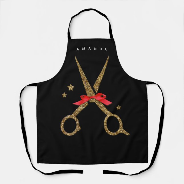 SALON Hair stylist - Golden glitter scissors black Apron (Front)