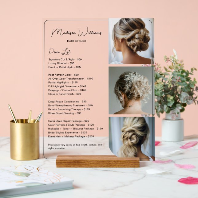 Salon Hair Stylist Services Price List Acrylic Sign (Wedding)