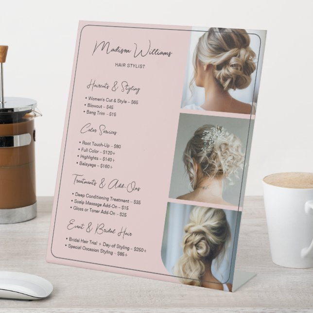 Salon Hair Stylist Services Price List Pedestal Sign (In SItu)