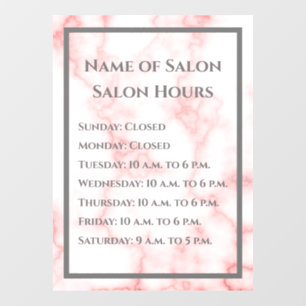 Salon Hours Faux Pink Marble Business Template Window Cling