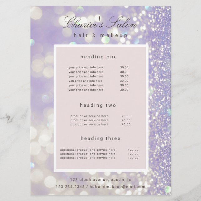 salon luxurious shimmer pastel price card (Front)