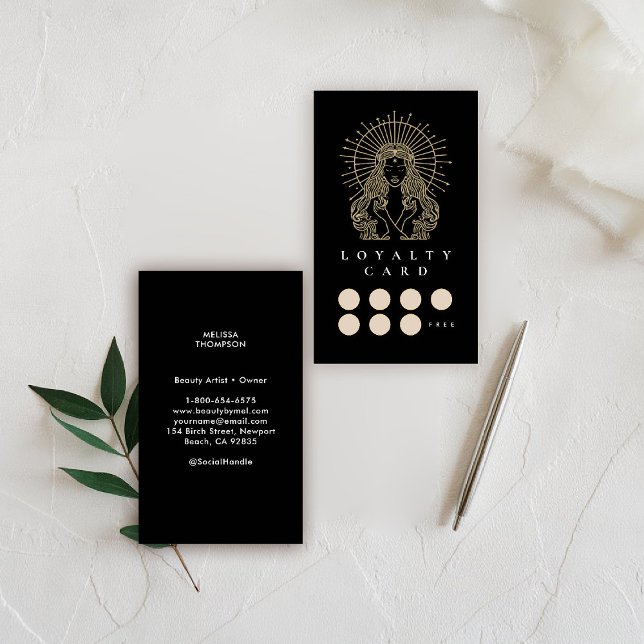 Salon Makeup Hair Nails Mystic Tarot Gold Black Loyalty Card (hair salon loyalty card mystical tarot celestial beauty makeup nails lashes stylist beauty)