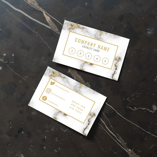 Salon modern gold marble loyalty card. card (Elegant white and gold loyalty card with a marble design, featuring a numbered punch card layout)