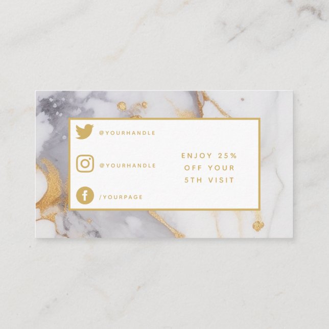 Salon modern golden and white marble loyalty card. (Back)