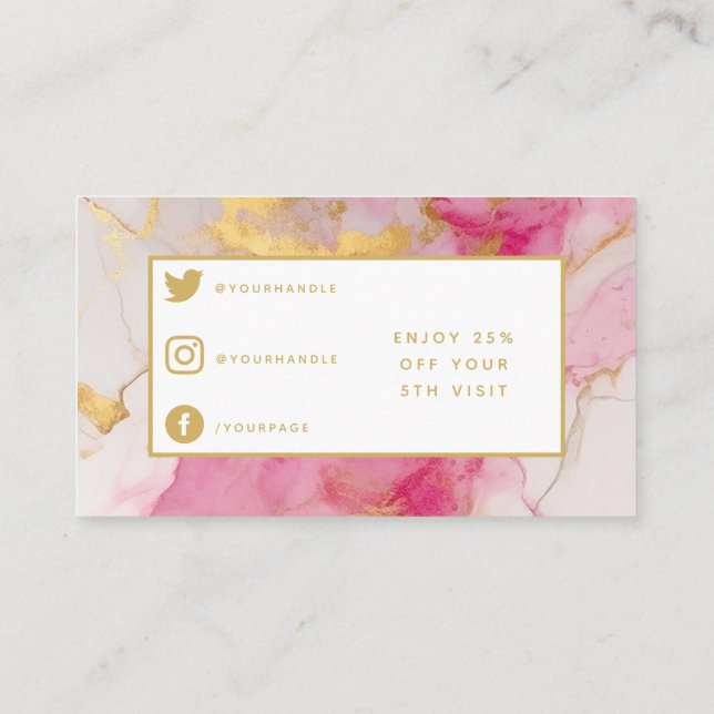 Salon modern pink and gold marble loyalty card. (Back)