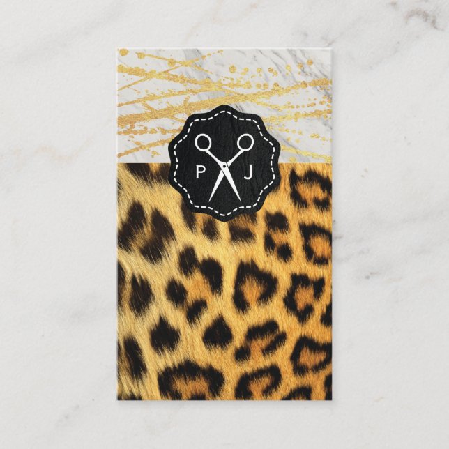 Salon Monogram Marble Trim Cheetah and Leather Business Card (Front)