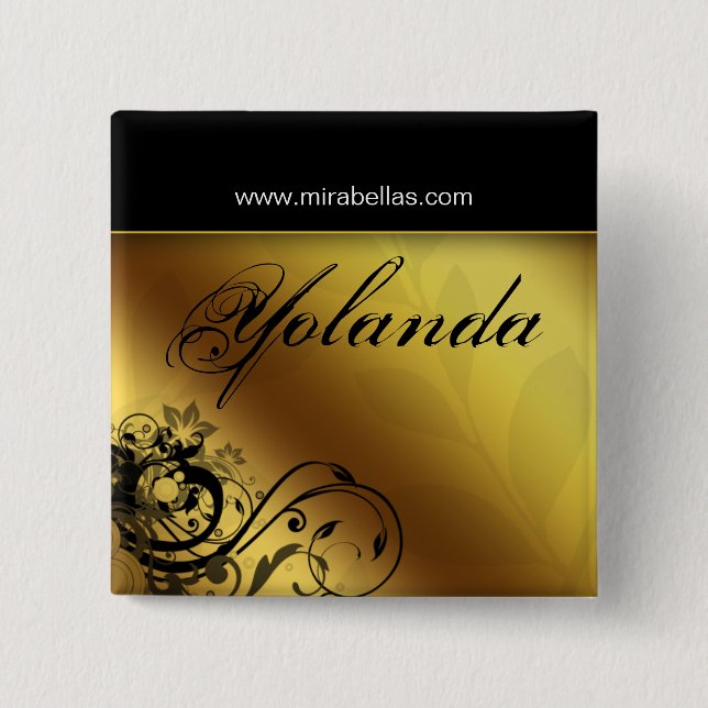 Salon Name Tag Button Brooch gold flower butterfly (Front)