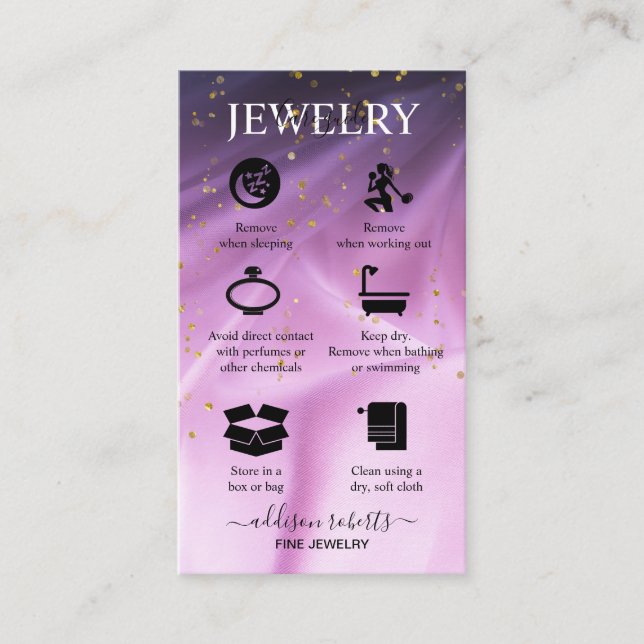salon pink and purple glitter Jewellery Care  Business Card (Front)