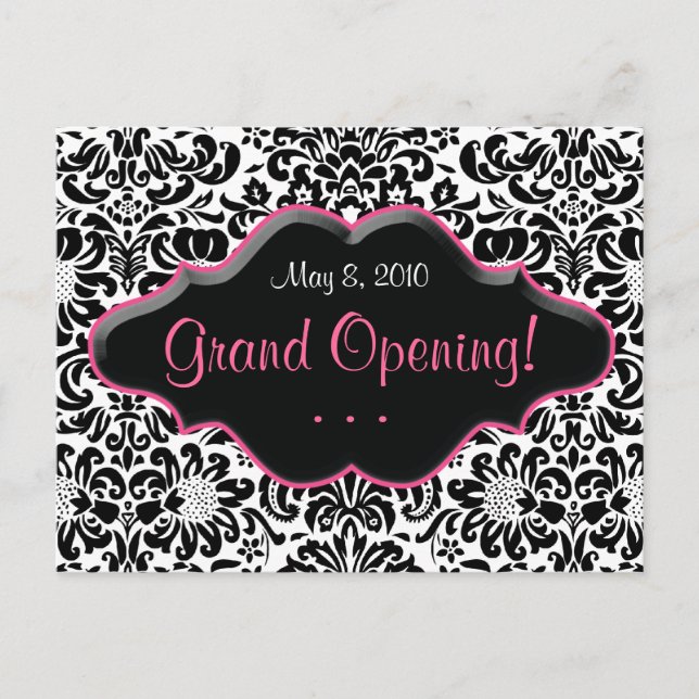 Salon Postcard Damask Black White Pink Frame (Front)