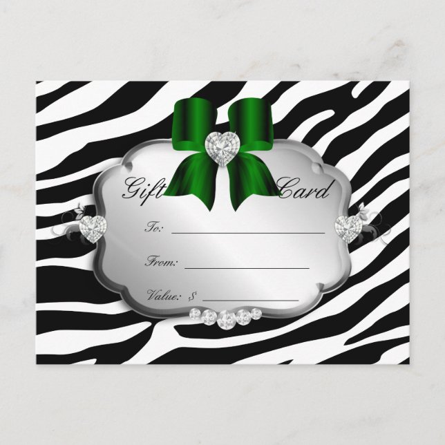 Salon Postcard Zebra Jewels Bow Green (Front)
