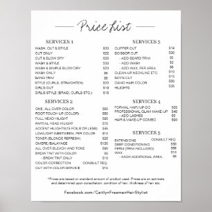 Salon Price LIst Poster,Editable Price List Poster