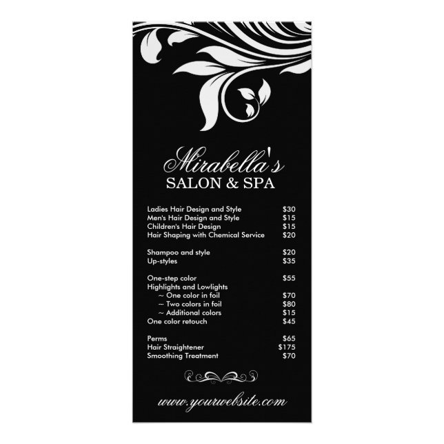 Salon Rack Card Spa Leaf Floral Black White (Front)