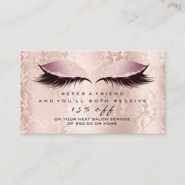 Salon Referral Card Damask Makeup Pink Lashes Glam (Front)