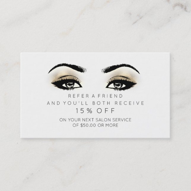 Salon Referral Card Gold Black White Eyes Lashes (Front)