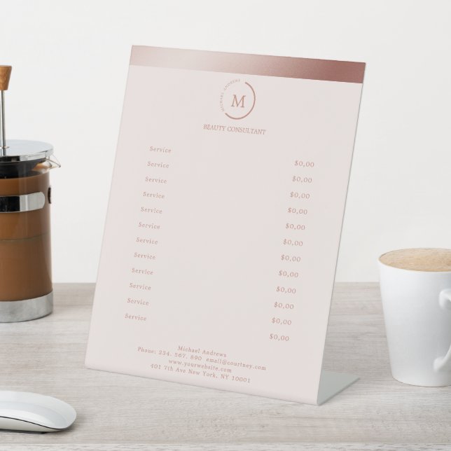 Salon Rosegold Brown Stripe Monogramm Circle Pedestal Sign (In SItu)