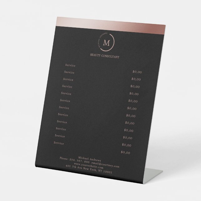 Salon Rosegold Brown Stripe Monogramm Circle Pedestal Sign (Front)