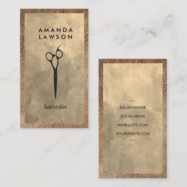 Salon Scissor Logo | Watercolor and Leather Business Card (Front/Back)