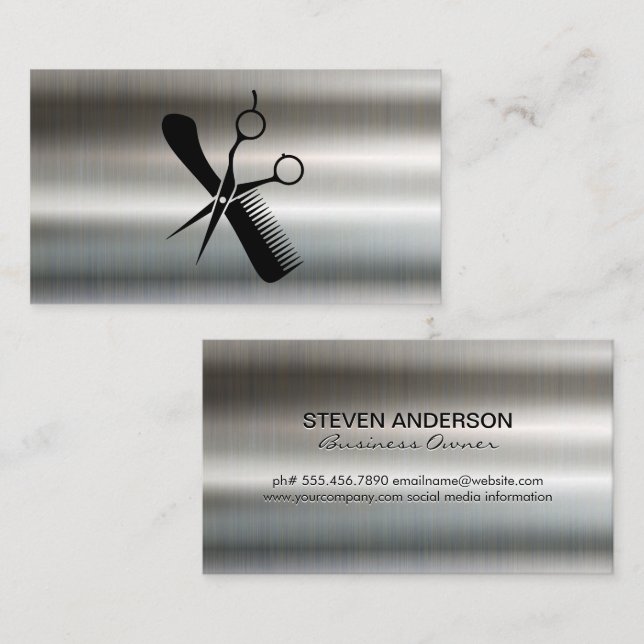 Salon Scissors and Comb Logo | Metallic  Business Card (Front/Back)