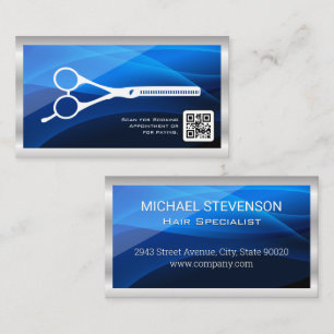 Salon Scissors Blue Waves Layers QR Code Business Card