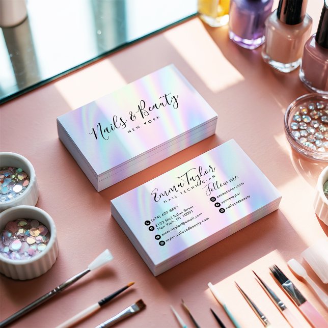 Salon script holographic glam abstract iridescent business card (Salon script holographic glam abstract iridescent)