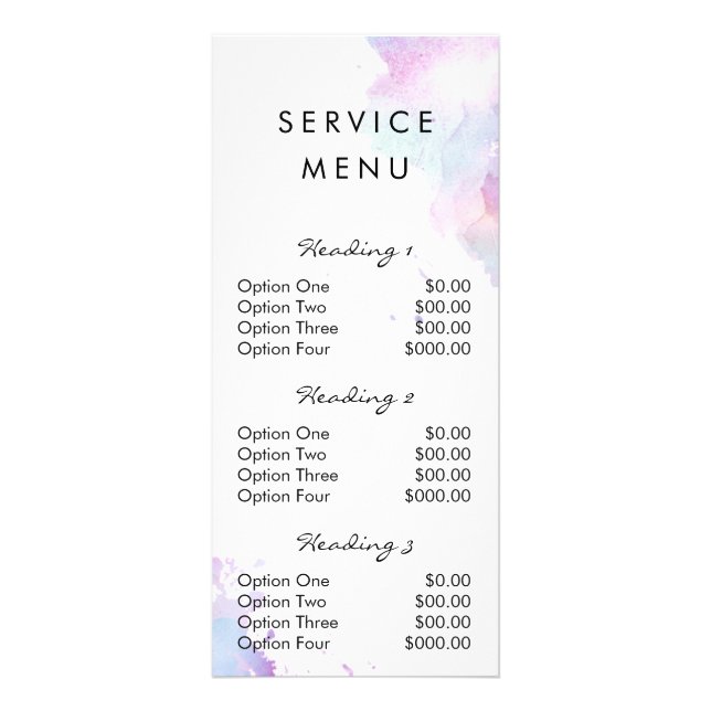 salon service menu watercolor paint splatter (Front)