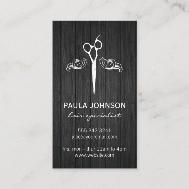 Salon Shears Fancy Elements Wood Panels Business Card (Front)