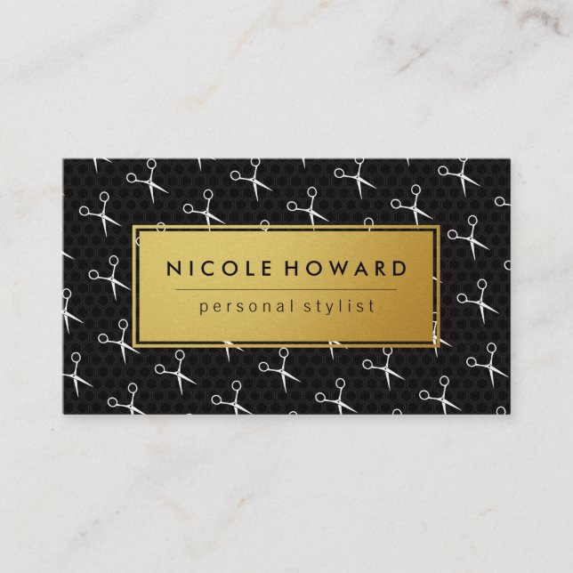Salon Shears Gold Frame Black Geometric Background Business Card (Front)