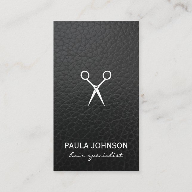 Salon Shears Lush Black Leather Print Business Card (Front)