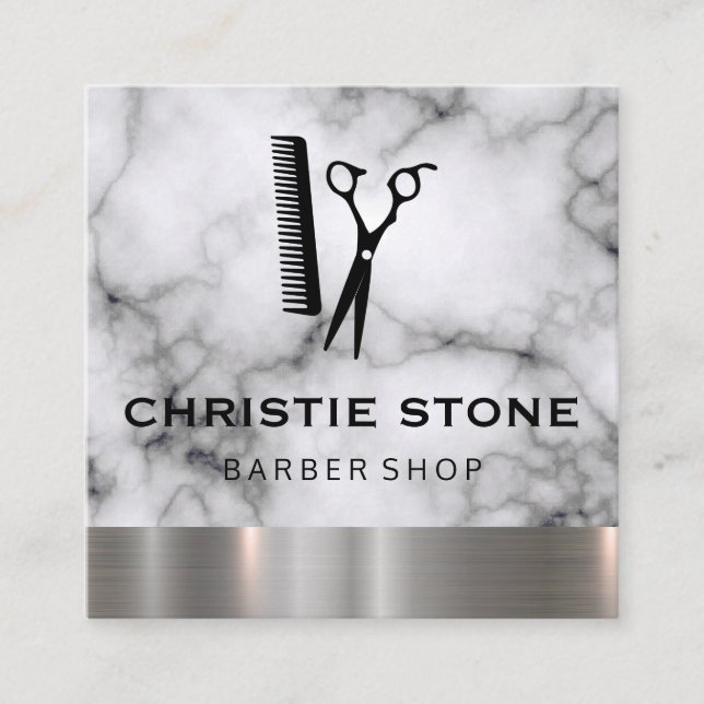 Salon Shears Marble Metal Trim Square Business Card (Front)