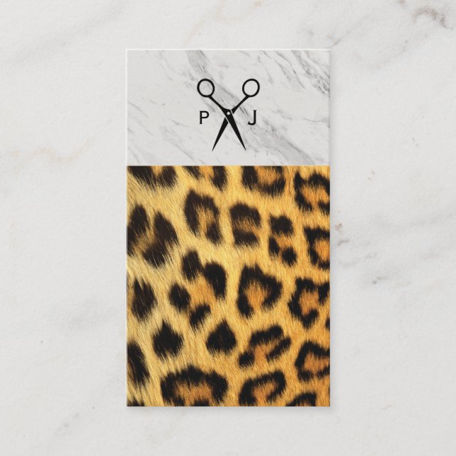 Salon Shears Monogram Marble Trim Cheetah Business Card (Front)