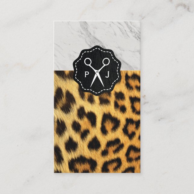 Salon Shears Monogram Marble Trim Cheetah Business Card (Front)