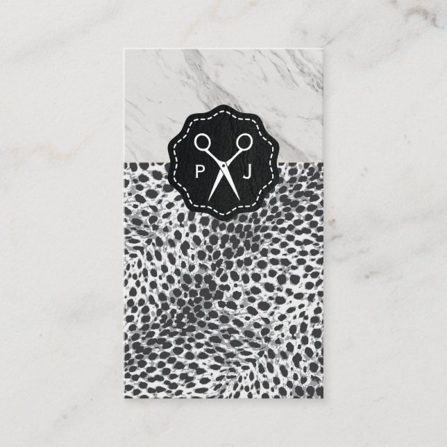 Salon Shears Monogram Marble Trim Leopard Business Card (Front)