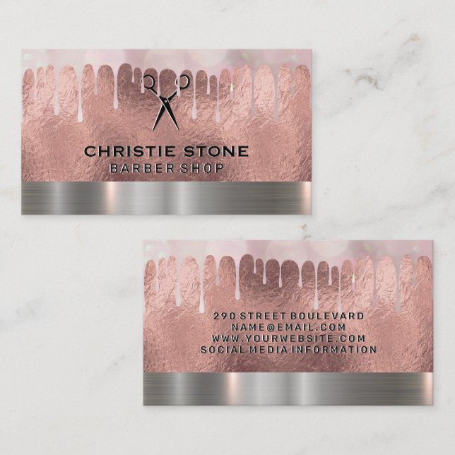 Salon Shears Rose Gold Foil | Bokeh Drip Business Card (Front/Back)