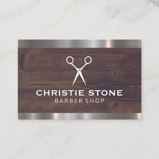 Salon Shears Rustic Wood Metal Trim Business Card (Front)