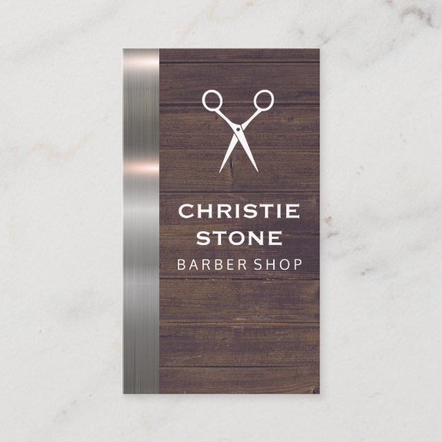 Salon Shears Rustic Wood Metal Trim Business Card (Front)