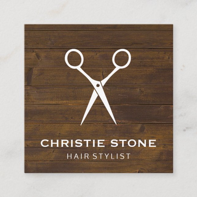 Salon Shears Rustic Wood Square Business Card (Front)