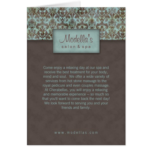Salon Spa Brochure Blue Brown Damask (Front)