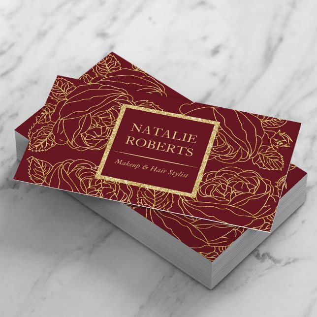 Salon & Spa Burgundy Red & Gold Floral Pattern Business Card (Creator Uploaded)
