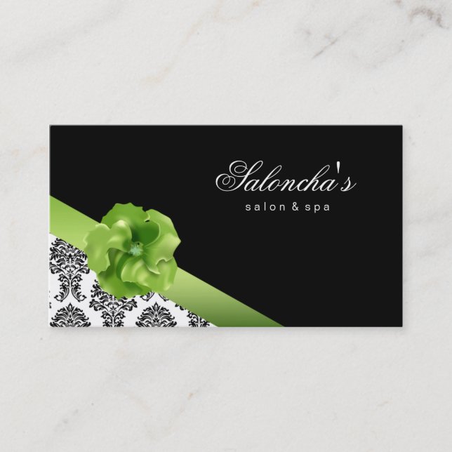 Salon Spa Business Card black green floral damask (Front)
