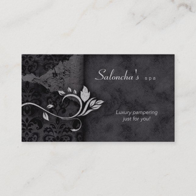 Salon Spa Business Card black grey aged damask (Front)