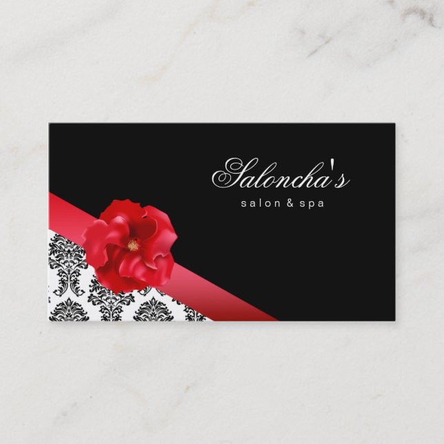 Salon Spa Business Card black red floral damask (Front)