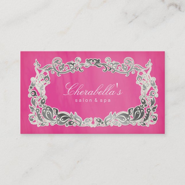 Salon Spa Business Card Floral Pink Silver (Front)