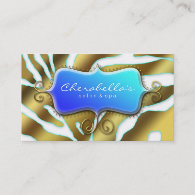 Salon Spa Business Card Retro Zebra Sea Blue Gold (Front)