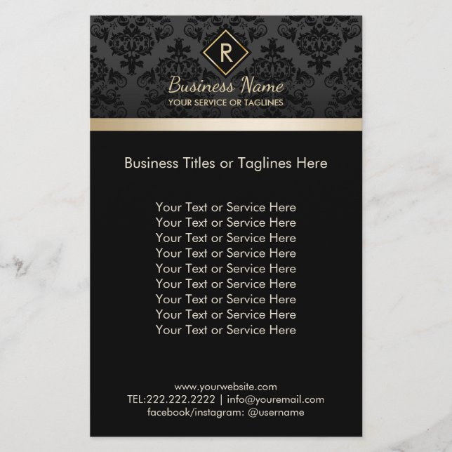 Salon SPA Damask Monogram Elegant Black & Gold Flyer (Front)