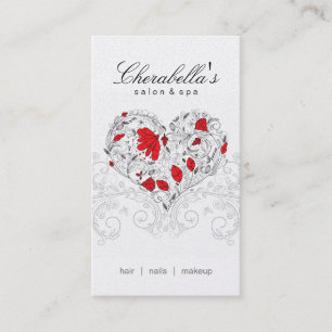 Salon Spa Floral Heart Red Silver Business Card