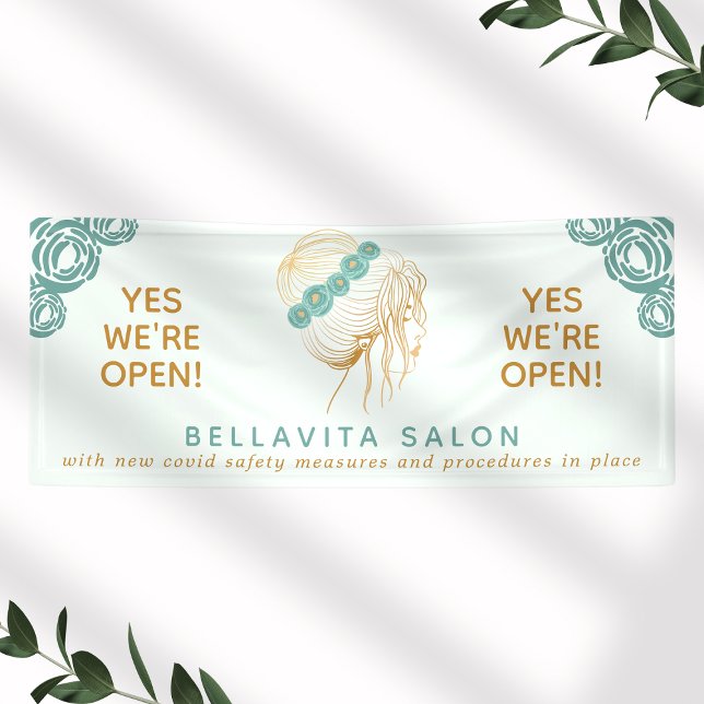 Salon Teal Gold Floral Updo Logo Covid Reopening Banner (Creator Uploaded)