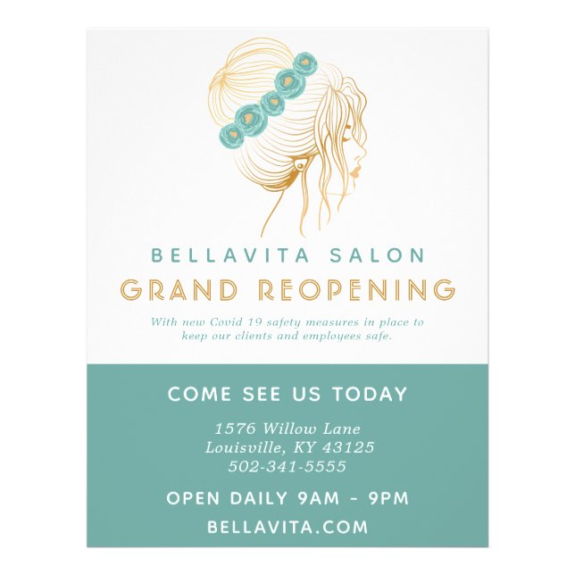 Salon Teal Gold Floral Updo Logo Covid Reopening Flyer (Front)
